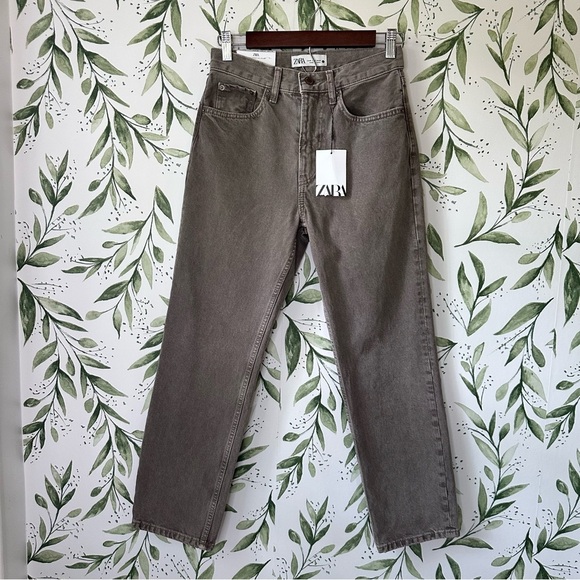 Zara The Straight Cropped Jeans. Khaki. Size 2. - Picture 1 of 9